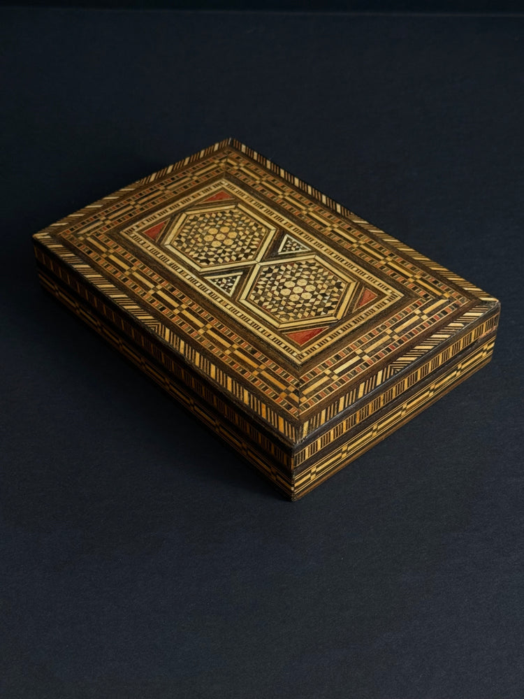 Antique wooden box with inlays from the Middle East, circa 1900