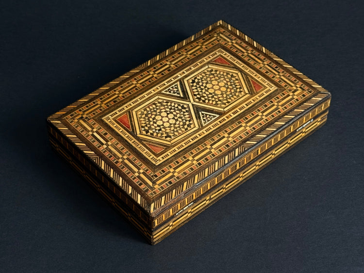 Antique wooden box with inlays from the Middle East, circa 1900