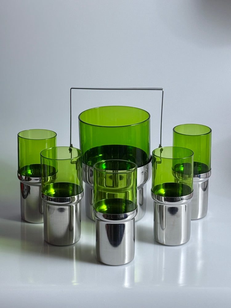 Bar set ice bucket glasses stainless steel Pran Italy 1970s