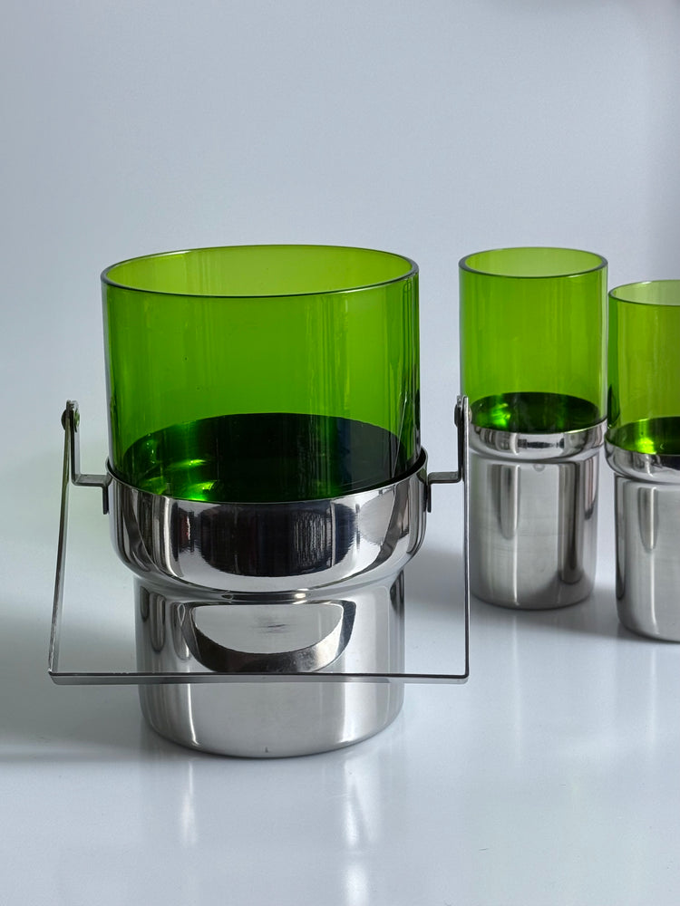 Bar set ice bucket glasses stainless steel Pran Italy 1970s