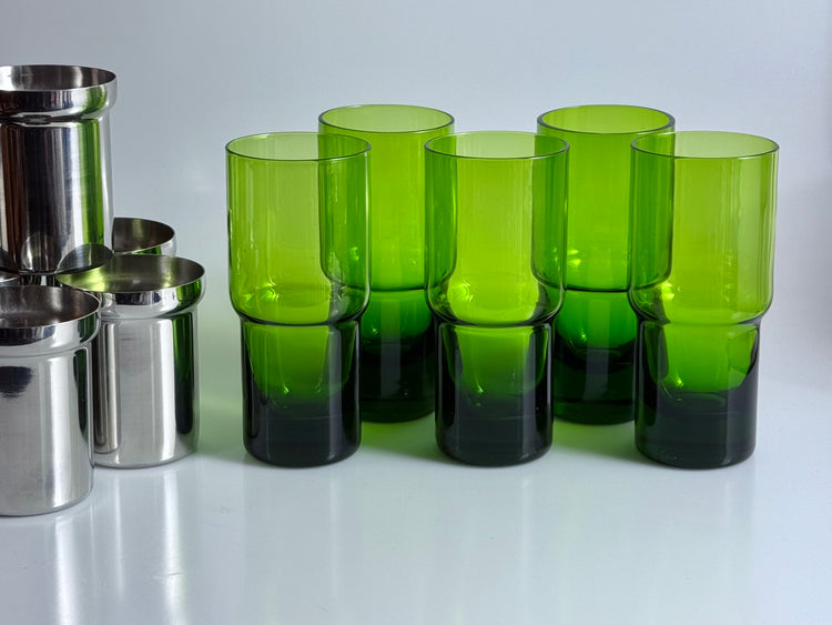 Bar set ice bucket glasses stainless steel Pran Italy 1970s