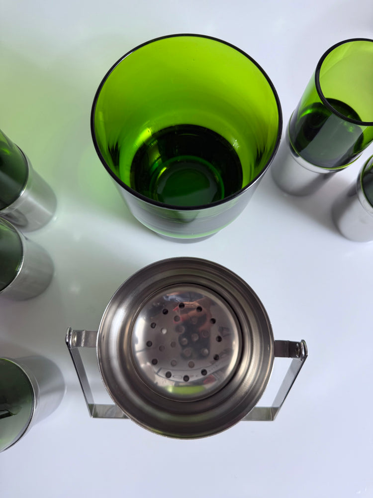 Bar set ice bucket glasses stainless steel Pran Italy 1970s