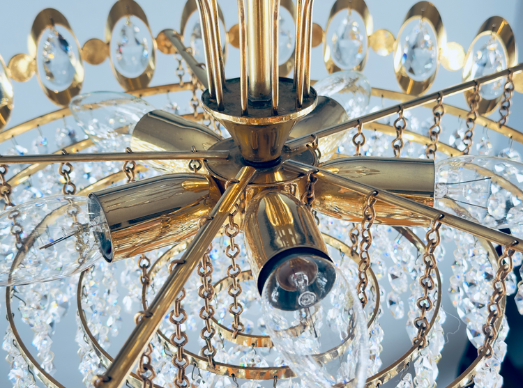 Palwa Kronleuchter Bleikristall Metall Gold Messing Kristall 1950er