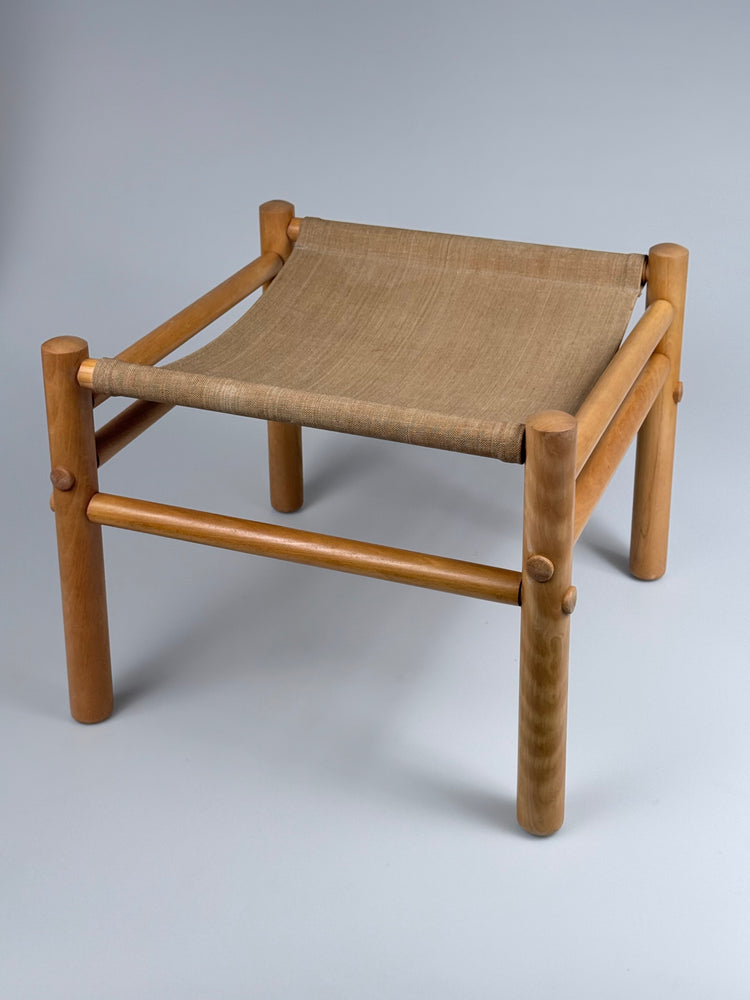 „Junker“ Safari-Fußhocker aus Buche und Canvas, Bror Boije für DUX Schweden zugeschrieben, 1970er