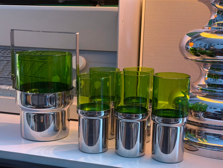 Bar set ice bucket glasses stainless steel Pran Italy 1970s