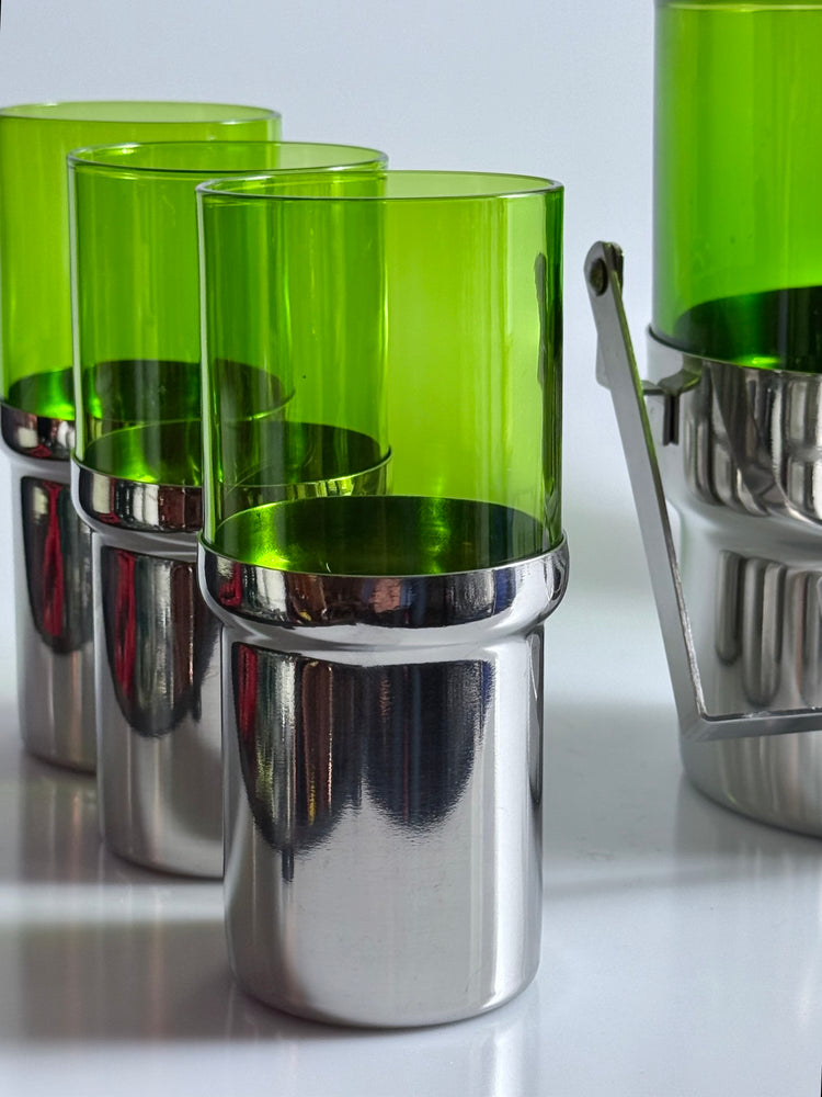 Bar set ice bucket glasses stainless steel Pran Italy 1970s