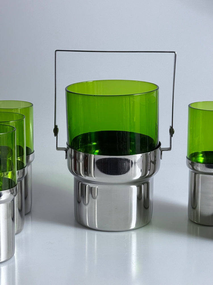 Bar set ice bucket glasses stainless steel Pran Italy 1970s