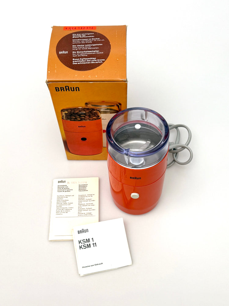 KSM1 Kaffeemühle von Braun, Entwurf Reinhold Weiß, 1967, in Orange