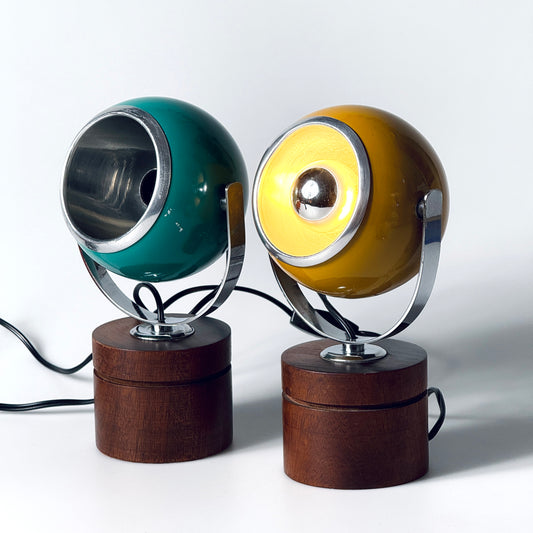 Paar Eyeball Tischleuchte Lampe gelb türkis Teak Italien Spaceage 1970er