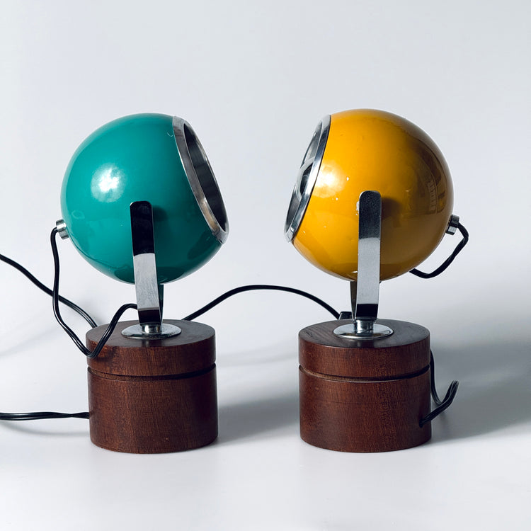 Paar Eyeball Tischleuchte Lampe gelb türkis Teak Italien Spaceage 1970er