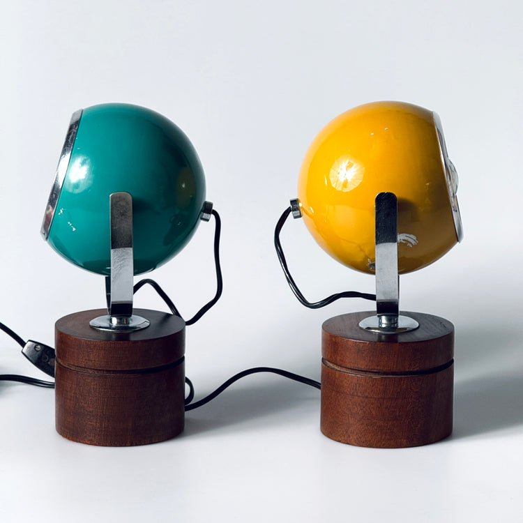 Paar Eyeball Tischleuchte Lampe gelb türkis Teak Italien Spaceage 1970er
