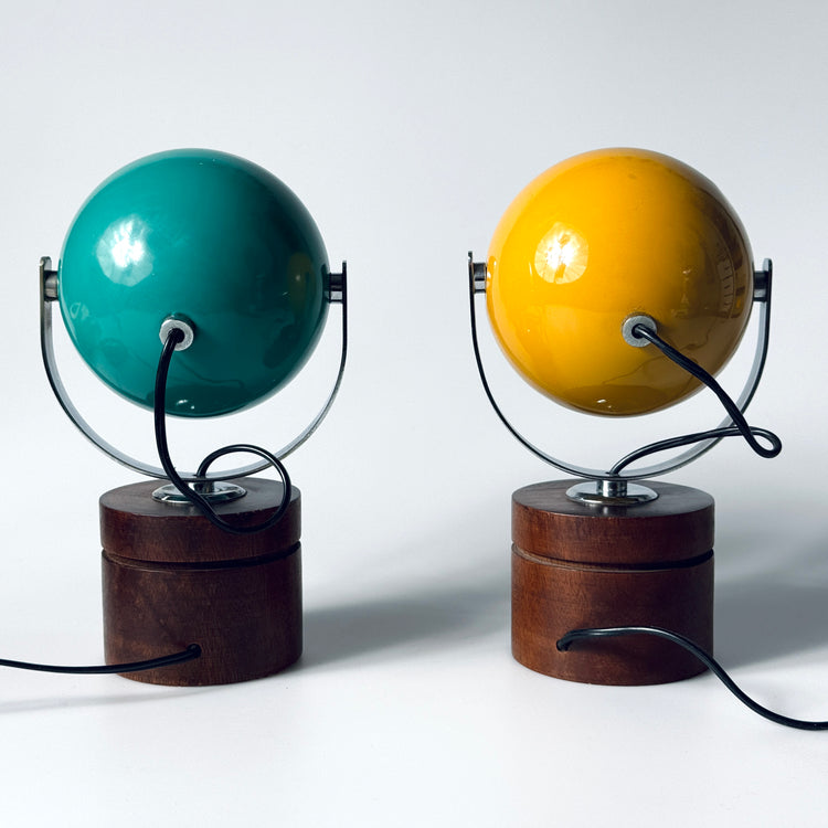 Paar Eyeball Tischleuchte Lampe gelb türkis Teak Italien Spaceage 1970er