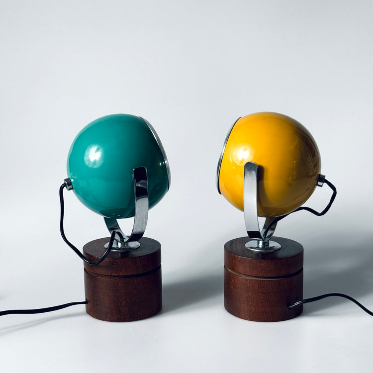 Paar Eyeball Tischleuchte Lampe gelb türkis Teak Italien Spaceage 1970er