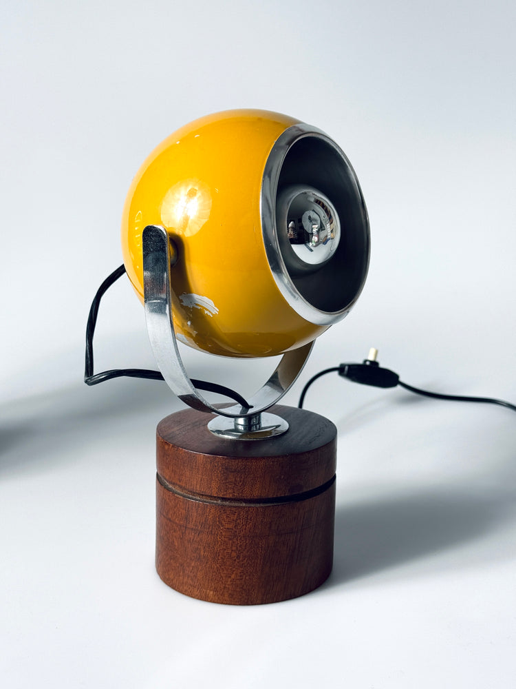Paar Eyeball Tischleuchte Lampe gelb türkis Teak Italien Spaceage 1970er