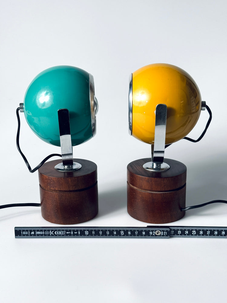 Paar Eyeball Tischleuchte Lampe gelb türkis Teak Italien Spaceage 1970er
