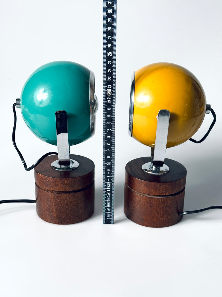 Paar Eyeball Tischleuchte Lampe gelb türkis Teak Italien Spaceage 1970er