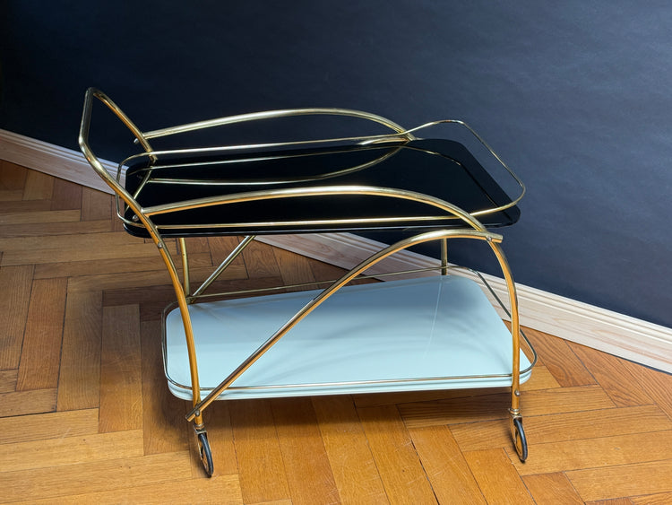 Servierwagen/ Barwagen aus Messing und Glas 1950er