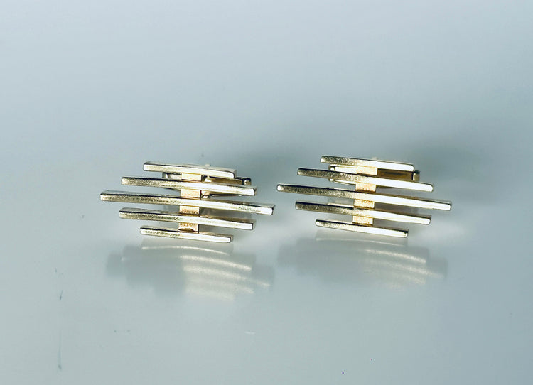 Manschettenknöpfe vergoldet Design 1960er grafisch gepunzt Gitter Plaqué Modern