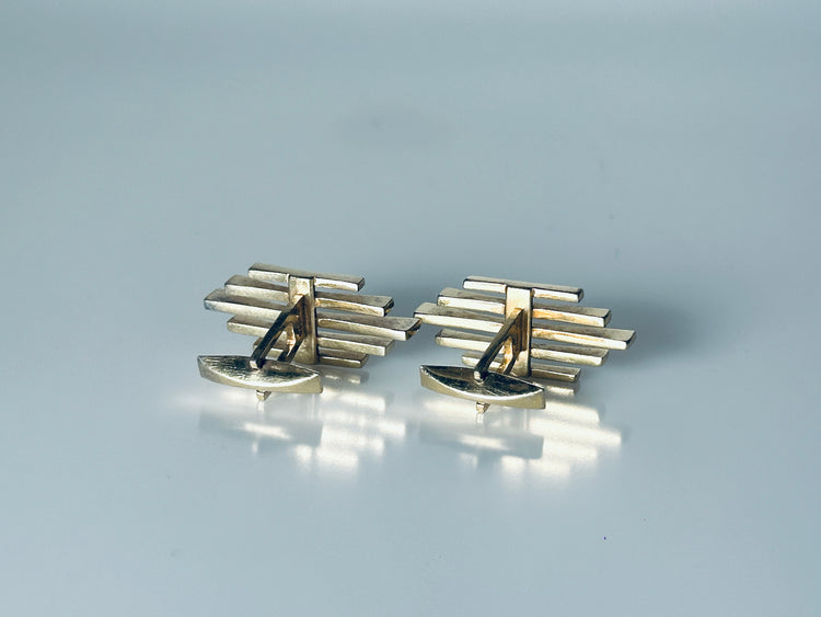 Manschettenknöpfe vergoldet Design 1960er grafisch gepunzt Gitter Plaqué Modern