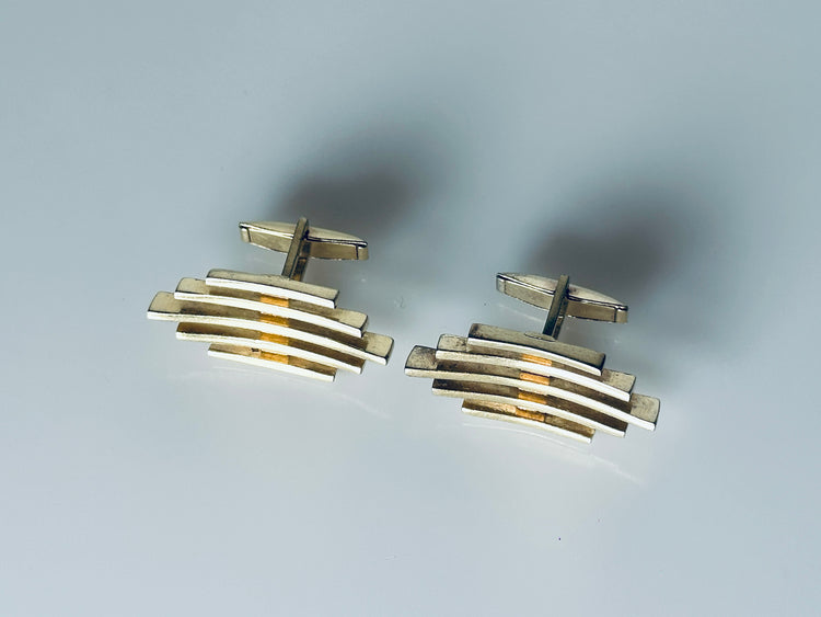 Manschettenknöpfe vergoldet Design 1960er grafisch gepunzt Gitter Plaqué Modern