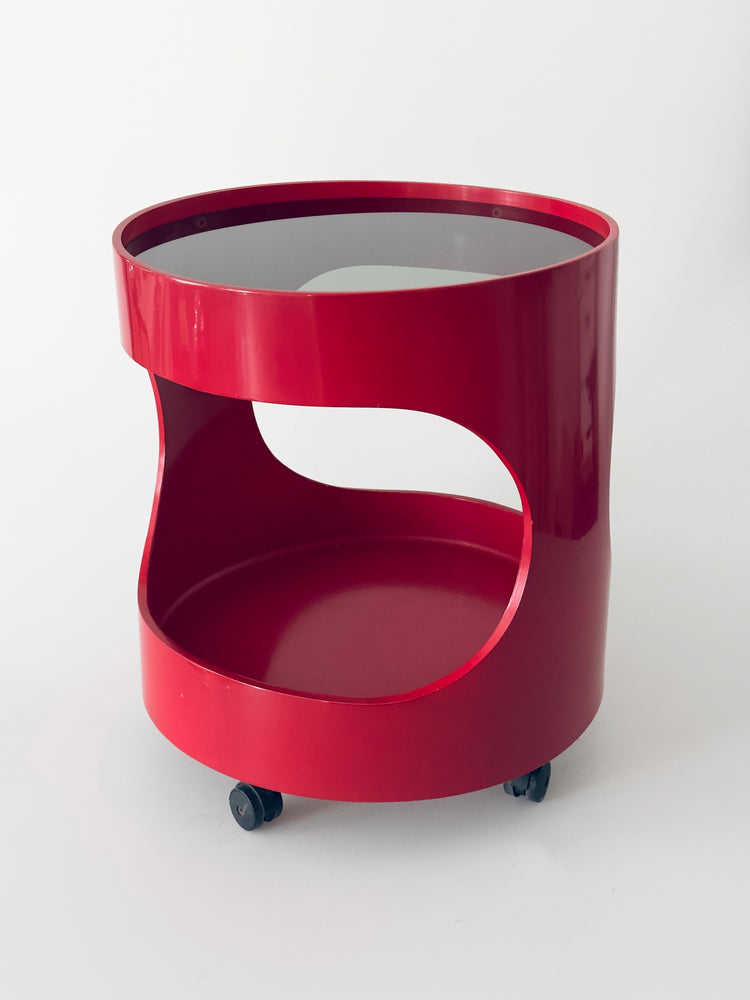 Opal Beistelltisch sidetable Tisch Luna Rollen Rot 1960er Rauchglas Barwagen space age