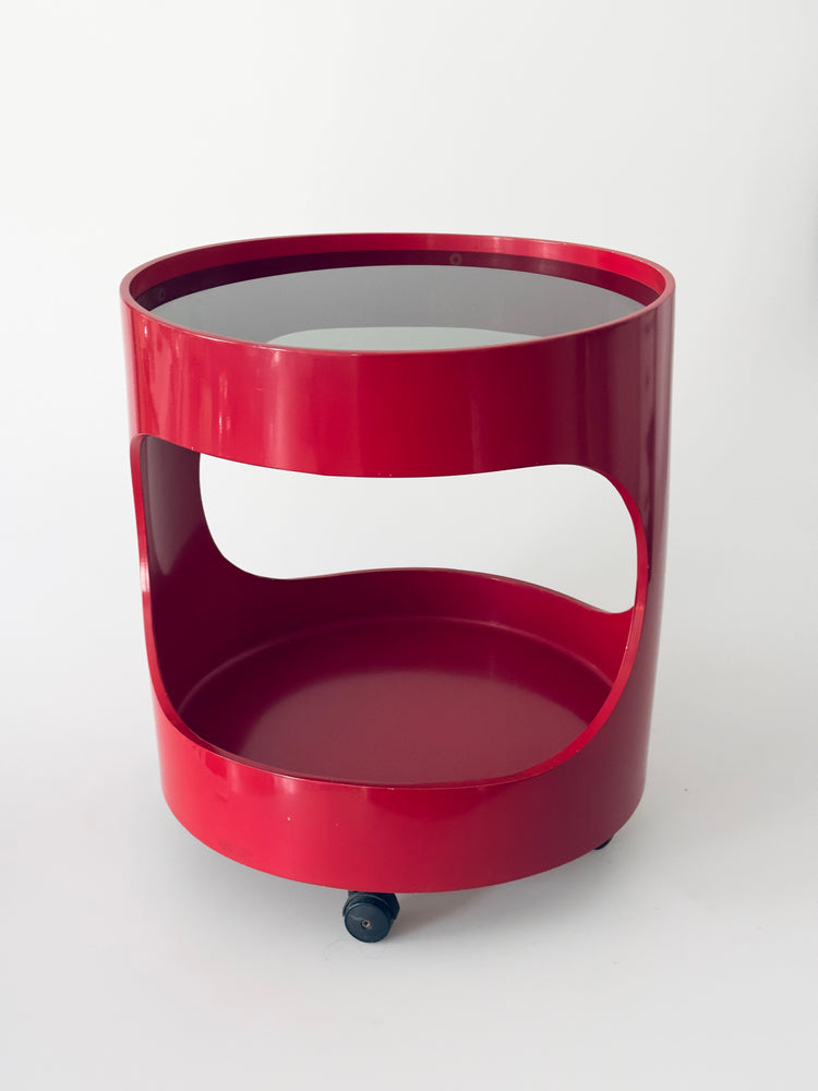 Opal Beistelltisch sidetable Tisch Luna Rollen Rot 1960er Rauchglas Barwagen space age