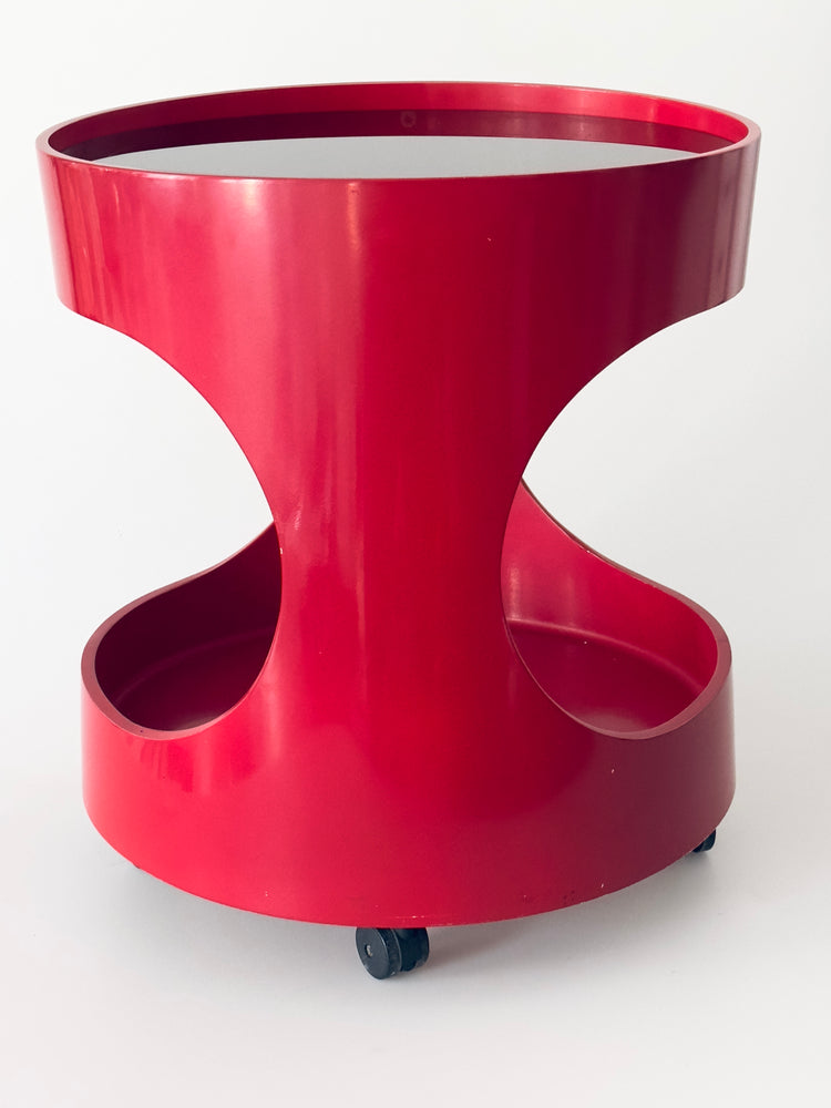 Opal Beistelltisch sidetable Tisch Luna Rollen Rot 1960er Rauchglas Barwagen space age