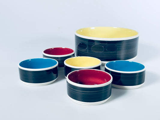 5 Schüsseln DDR Design Keramik Erich Krause Elsterwerda Modell 1282 bunt 1950er 2. Wahl