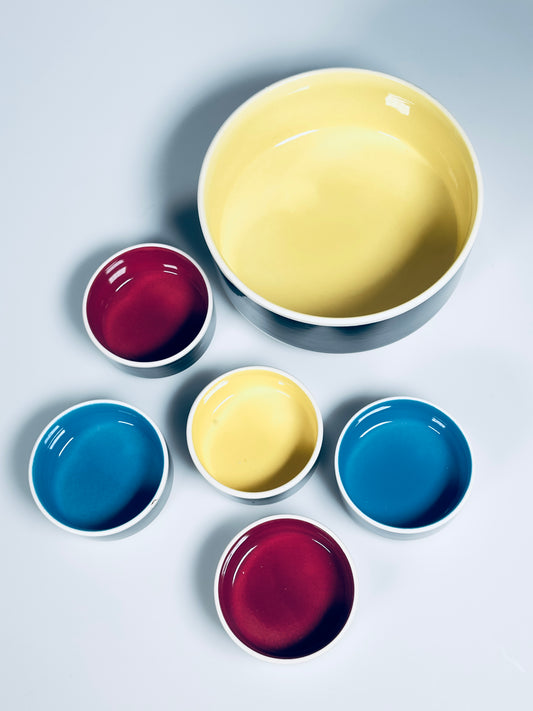 5 Schüsseln DDR Design Keramik Erich Krause Elsterwerda Modell 1282 bunt 1950er 2. Wahl