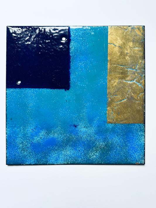 Paar Emaille Platten Wanddekor wall decor 1950er unsigniert blau gold