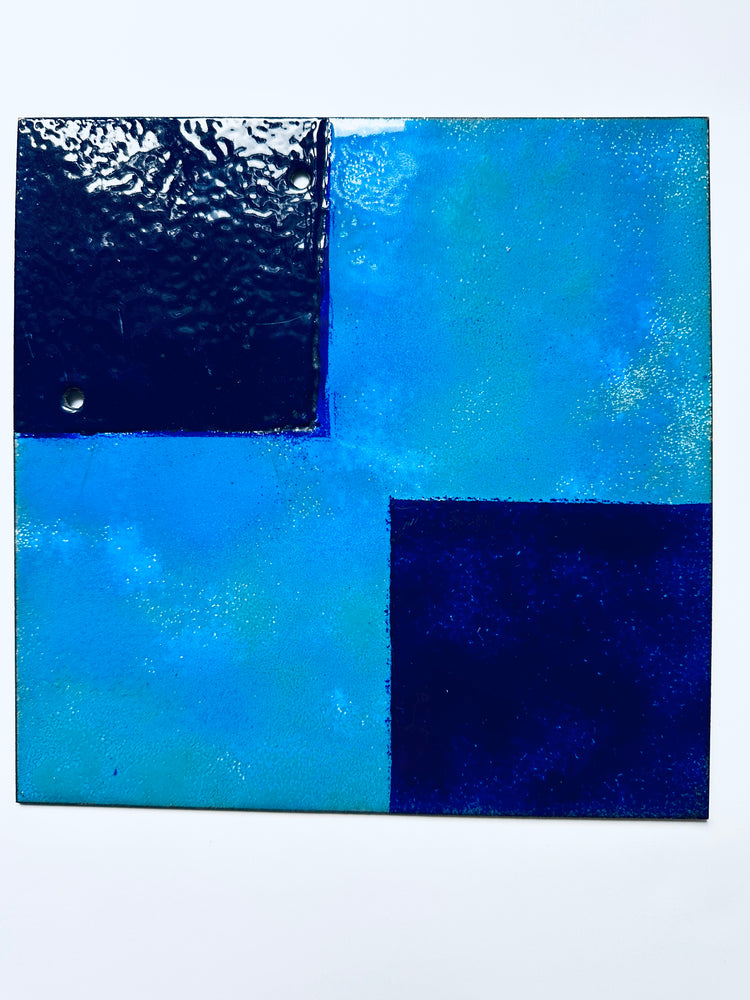 Paar Emaille Platten Wanddekor wall decor 1950er unsigniert blau gold