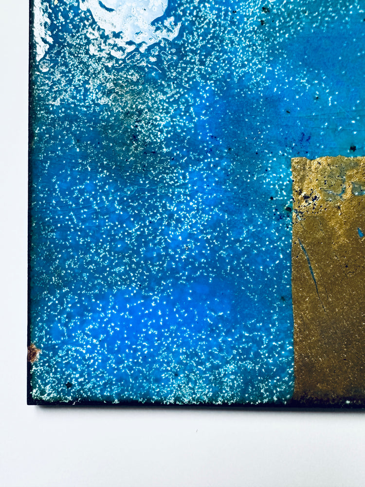 Paar Emaille Platten Wanddekor wall decor 1950er unsigniert blau gold