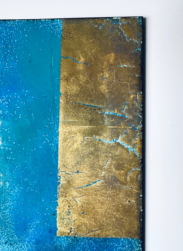 Paar Emaille Platten Wanddekor wall decor 1950er unsigniert blau gold