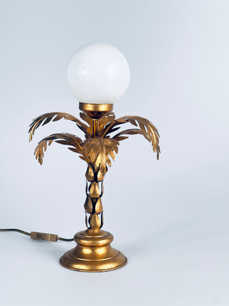 Hans Kögl Tischleuchte Lampe vergoldet Palme Opalglas 1970er