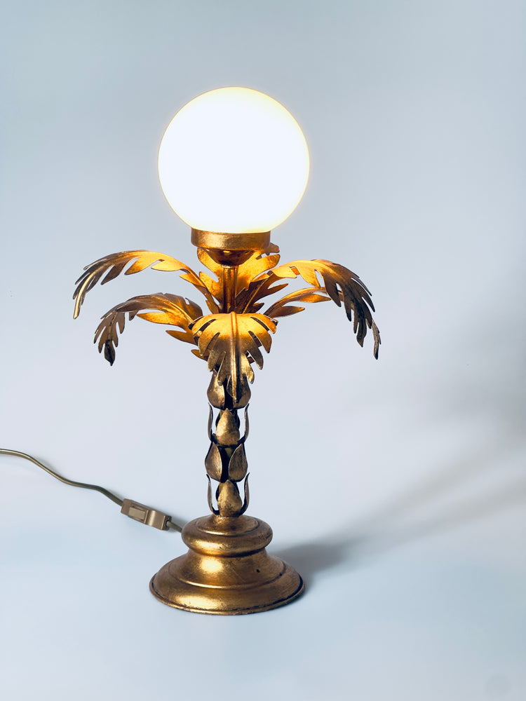 Hans Kögl Tischleuchte Lampe vergoldet Palme Opalglas 1970er