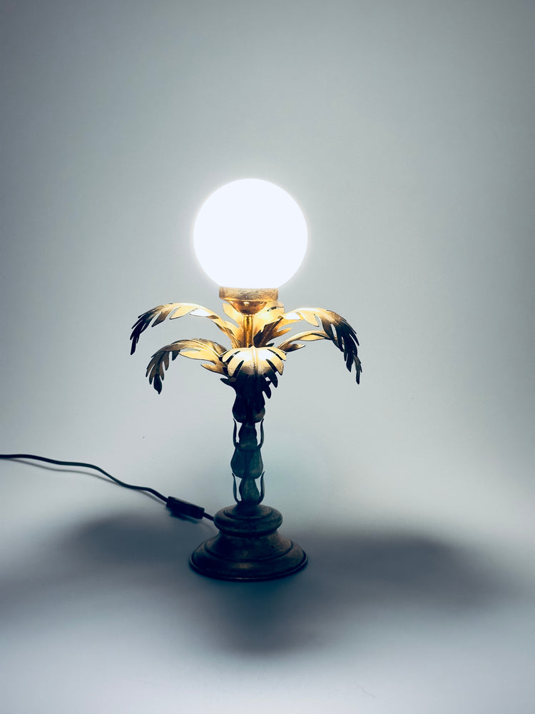 Hans Kögl Tischleuchte Lampe vergoldet Palme Opalglas 1970er