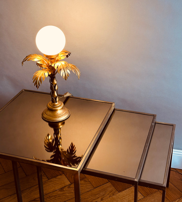 Hans Kögl Tischleuchte Lampe vergoldet Palme Opalglas 1970er