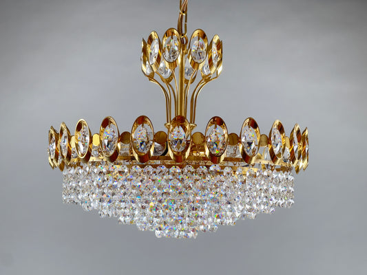 Palwa Kronleuchter Bleikristall Metall Gold Messing Kristall 1950er