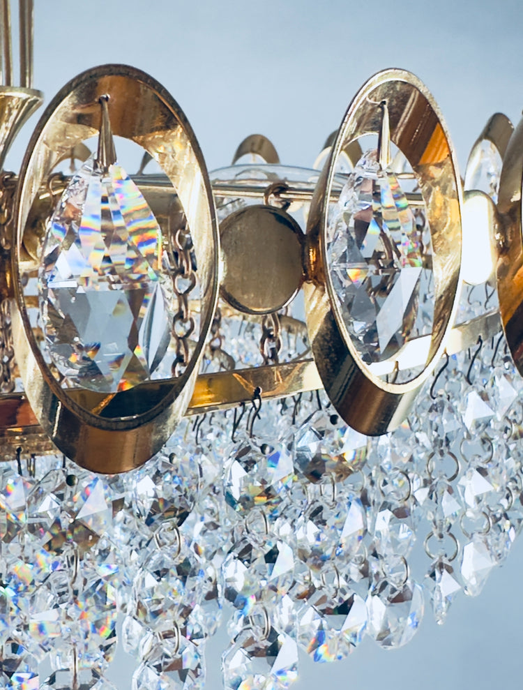 Palwa Kronleuchter Bleikristall Metall Gold Messing Kristall 1950er