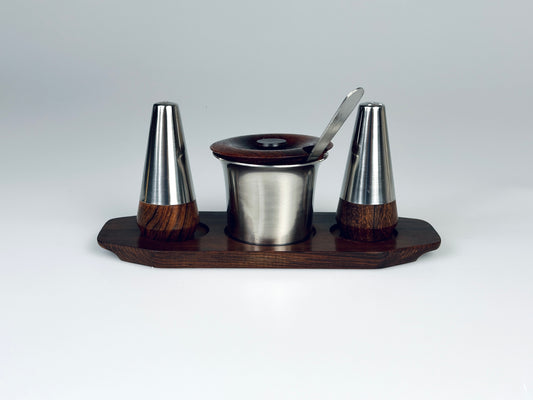 Lundtofte Gewürz Set Streuer Pfeffer Salz Senf Edelstahl Palisander Eckhoff und Sachs für Lundtofte Danish Modern Frühstück Set. Mitte des Jahrhunderts 1960er
