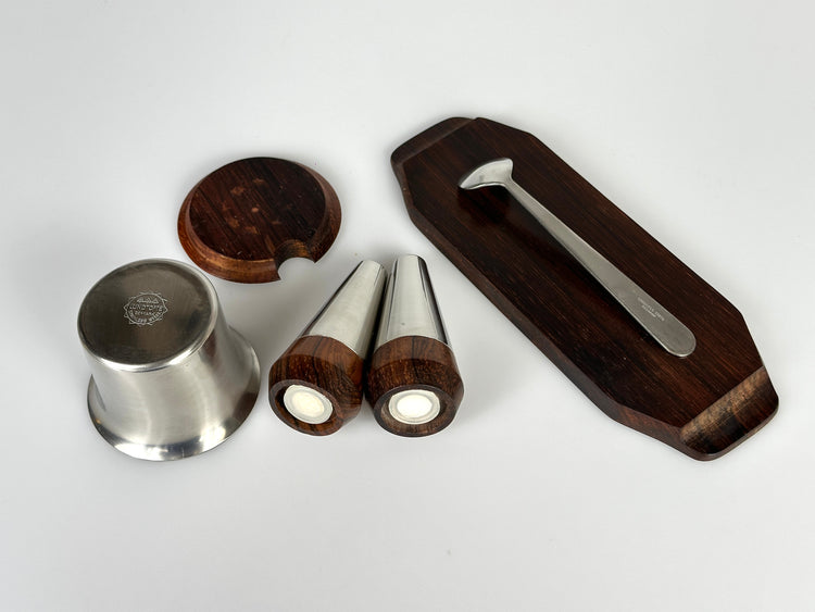 Lundtofte Gewürz Set Streuer Pfeffer Salz Senf Edelstahl Palisander Eckhoff und Sachs für Lundtofte Danish Modern Frühstück Set. Mitte des Jahrhunderts 1960er