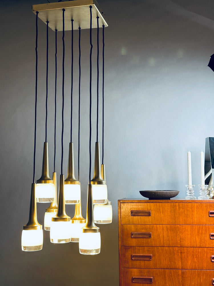 Staff Kaskadenleuchte Hängeleuchte vermessingt 9 Leuchtkörper 1970er