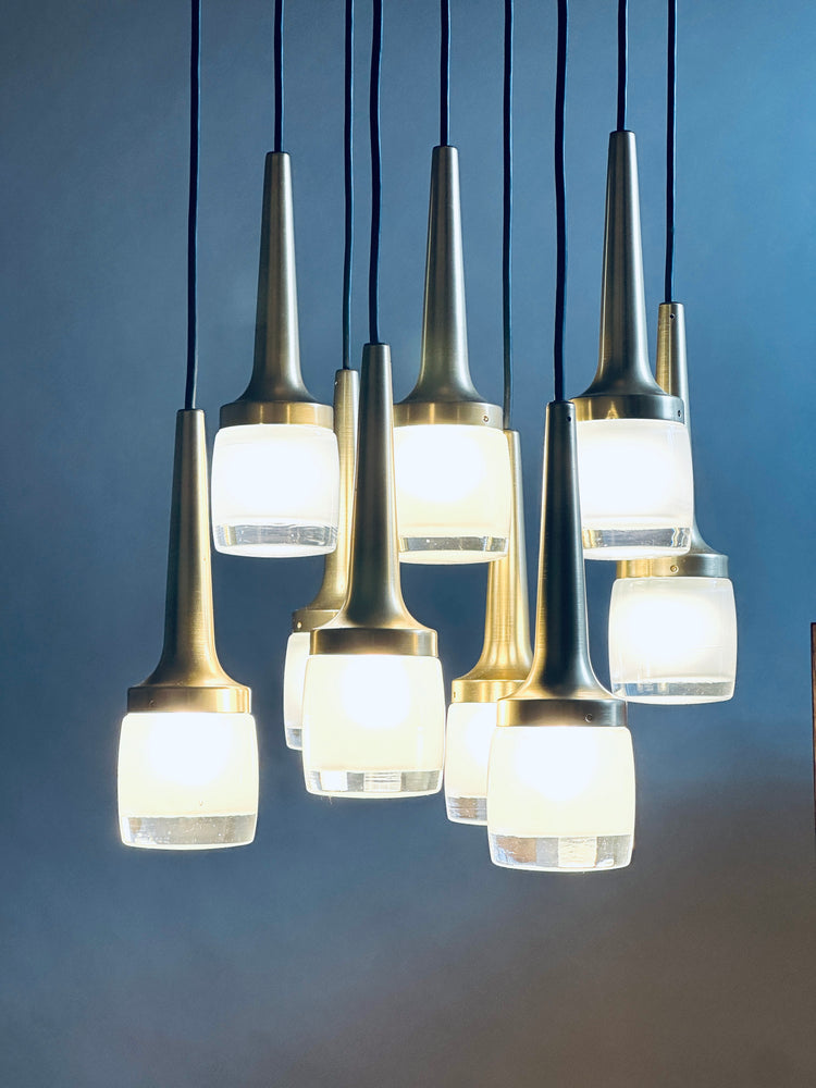 Staff Kaskadenleuchte Hängeleuchte vermessingt 9 Leuchtkörper 1970er