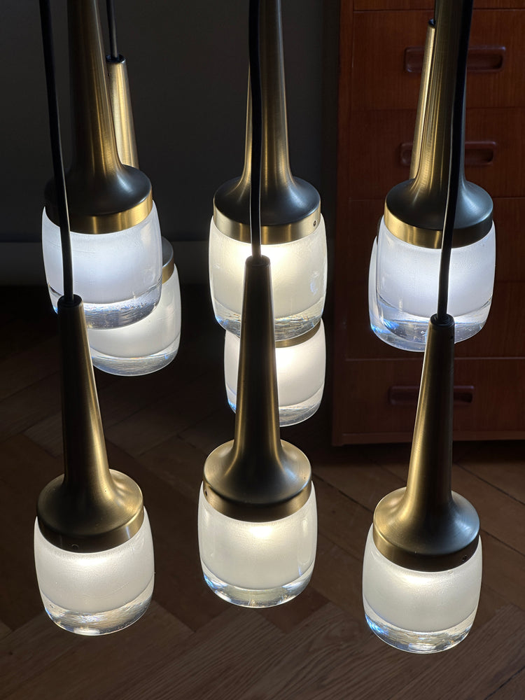 Staff Kaskadenleuchte Hängeleuchte vermessingt 9 Leuchtkörper 1970er