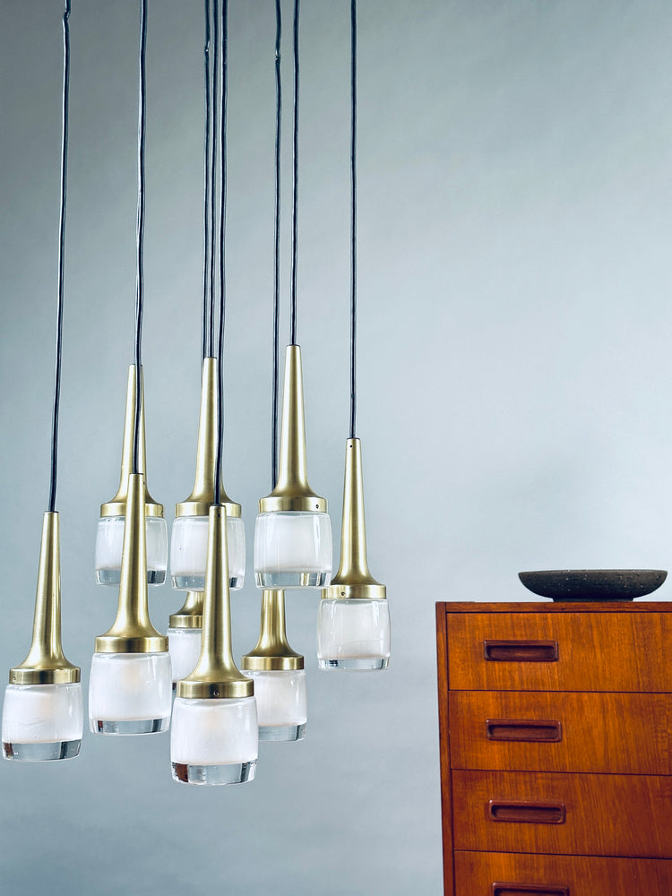 Staff Kaskadenleuchte Hängeleuchte vermessingt 9 Leuchtkörper 1970er