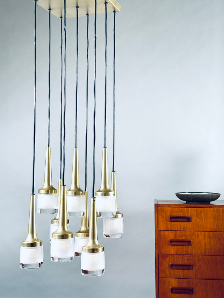 Staff Kaskadenleuchte Hängeleuchte vermessingt 9 Leuchtkörper 1970er