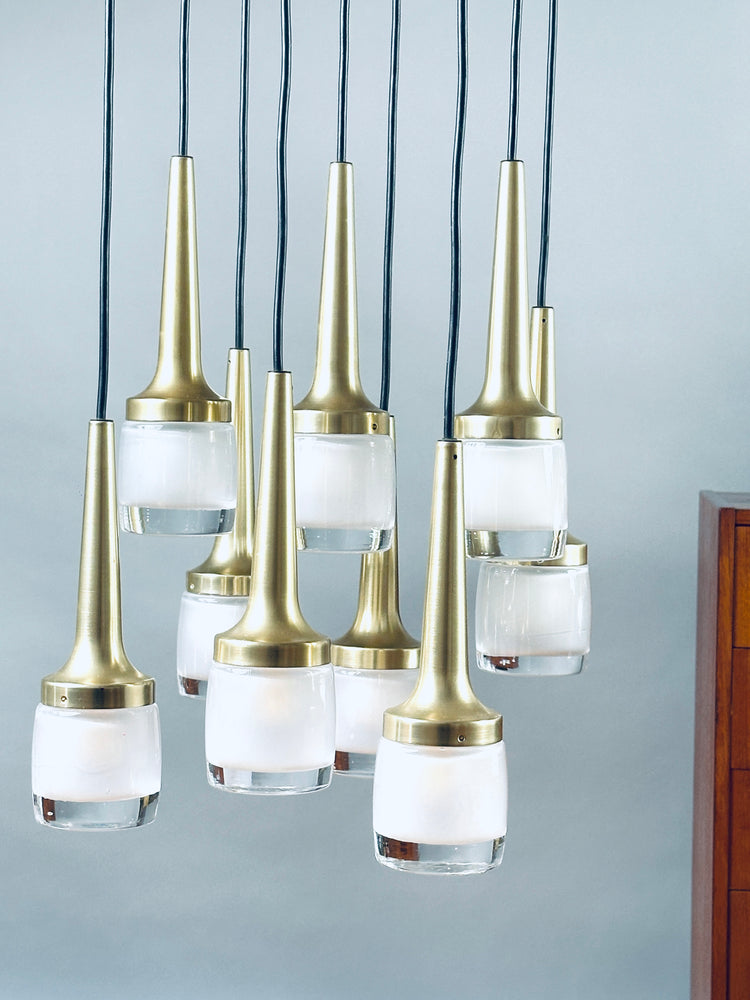 Staff Kaskadenleuchte Hängeleuchte vermessingt 9 Leuchtkörper 1970er