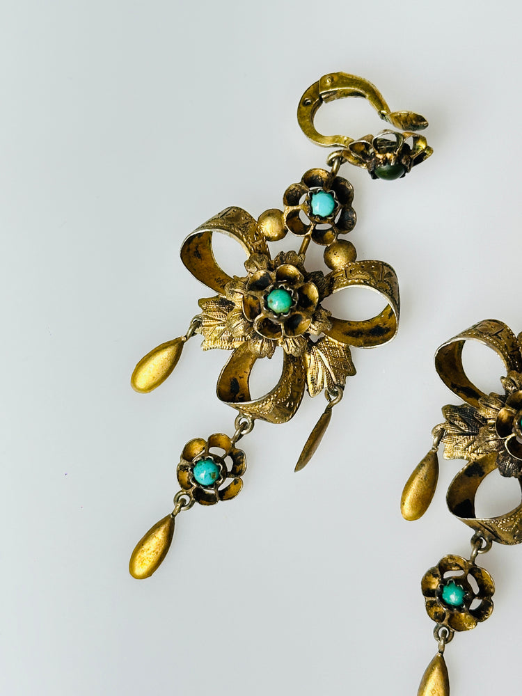 Ohrhänger Ohrringe ANTIK 19. Jhd. Silber vergoldet Türkise Clip 7 cm Länge