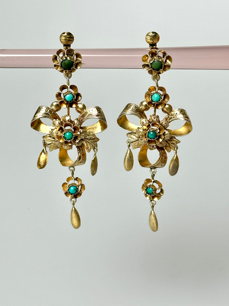 Ohrhänger Ohrringe ANTIK 19. Jhd. Silber vergoldet Türkise Clip 7 cm Länge