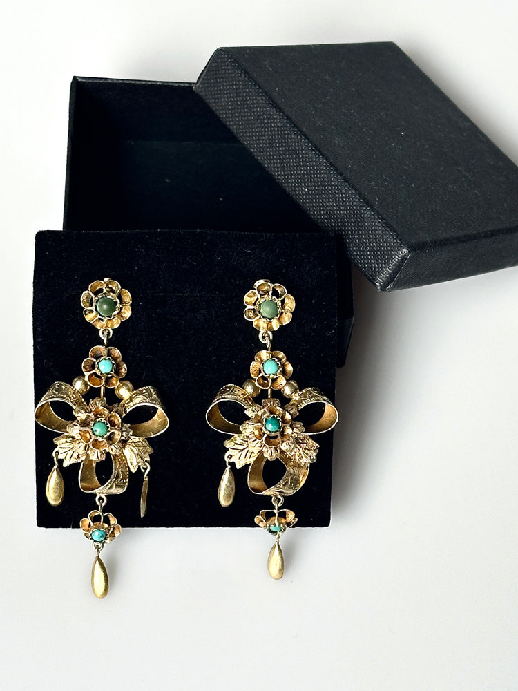 Ohrhänger Ohrringe ANTIK 19. Jhd. Silber vergoldet Türkise Clip 7 cm Länge